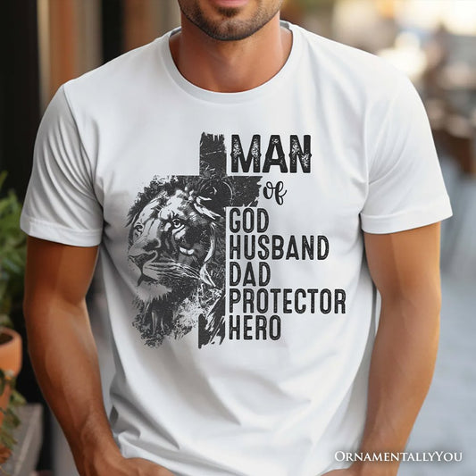 Man of God Lion Cross T-Shirt, White Tee for Faithful and Christian Fathers