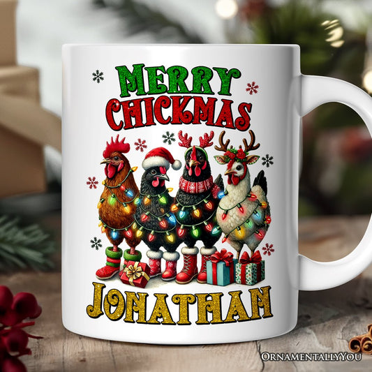 Merry Chickmas Personalized Mug, Farmhouse Christmas Custom Chickens Gift