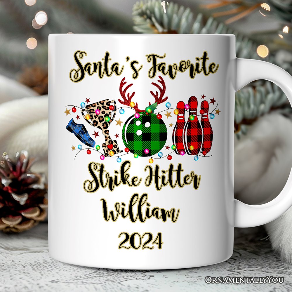 Personalized Mug Bowling Buffalo Plaid Christmas, Ball Pins and Trophy