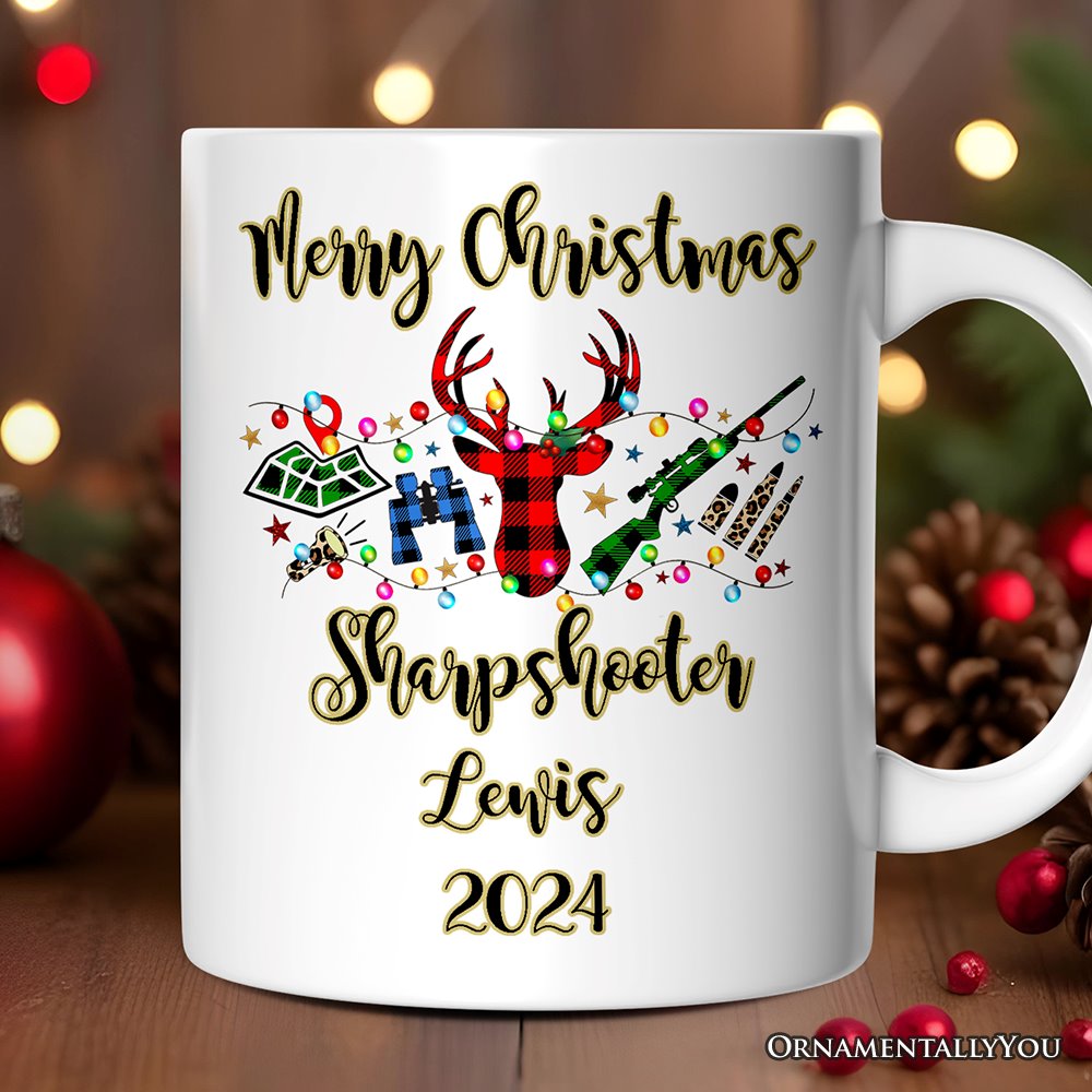 Personalized Mug Buffalo Plaid Hunting Theme Christmas, Hunter Gift, Red and Green Deer and Gun