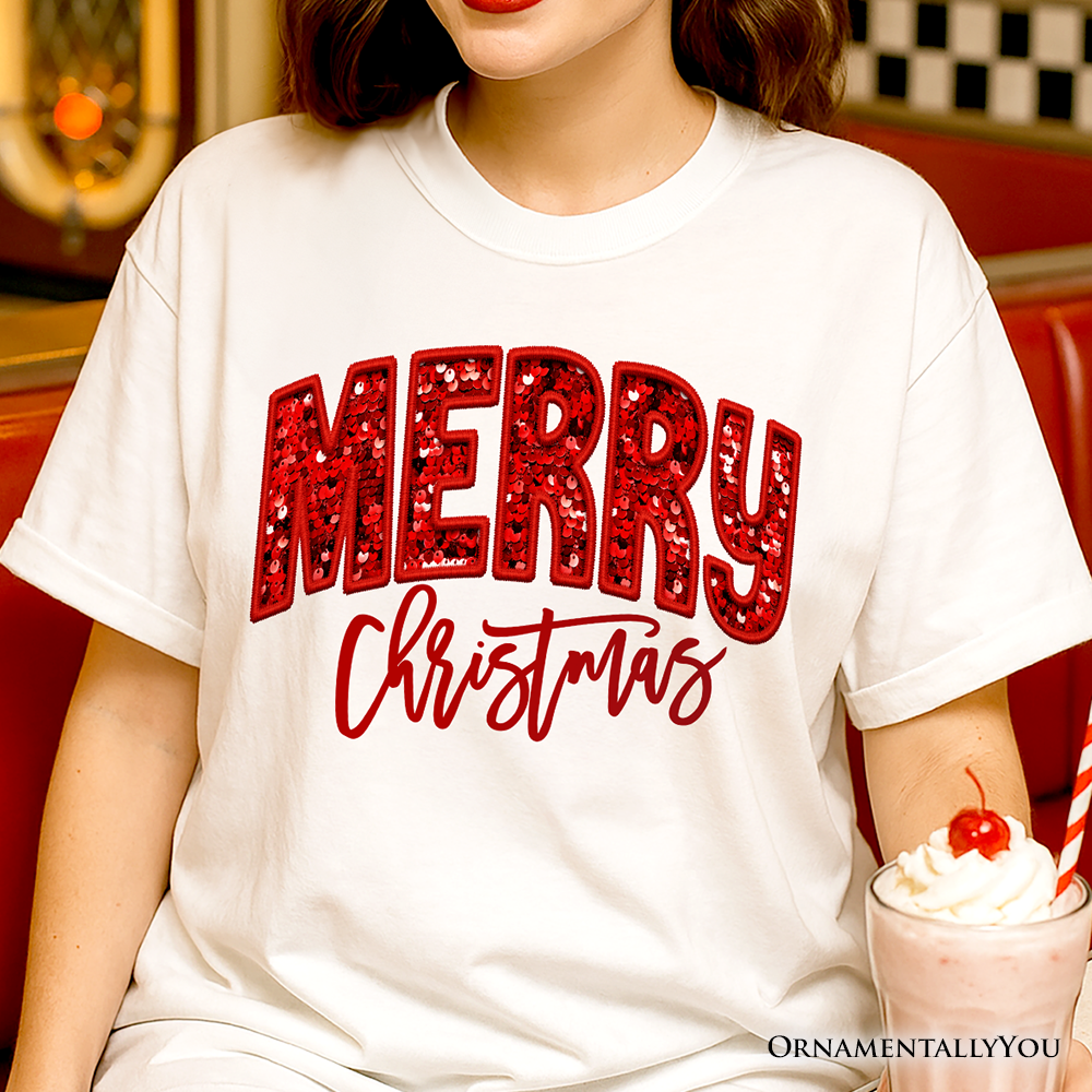 Merry Christmas Sequin T‑Shirt, Bold Red Glitter Tee for Festive Holiday Season