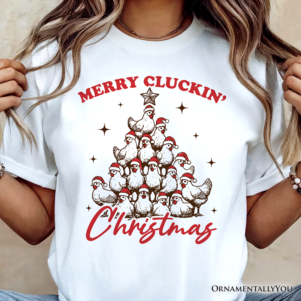 Merry Cluckin' Christmas Tree T‑Shirt, Funny Santa Hat Chicken Farmhouse Tee