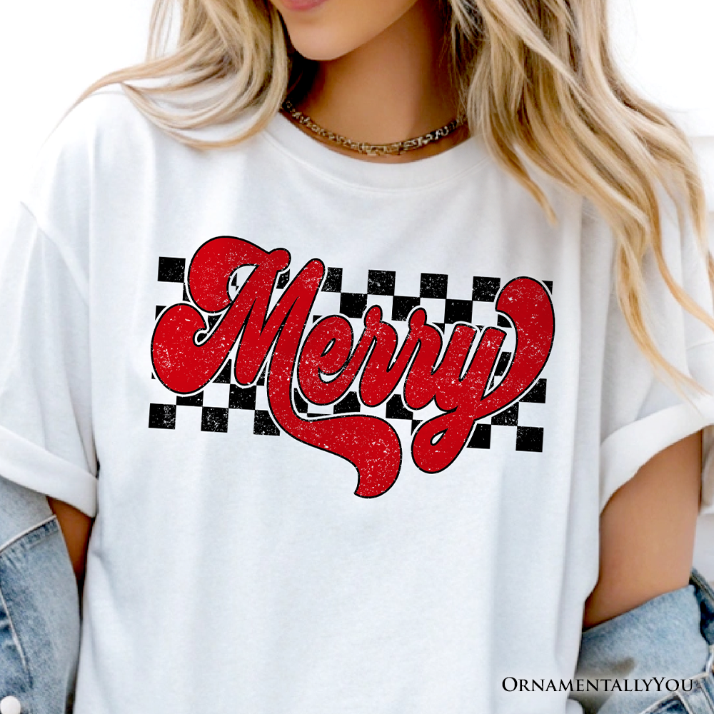Merry Retro T‑Shirt, Christmas Checkered Tee