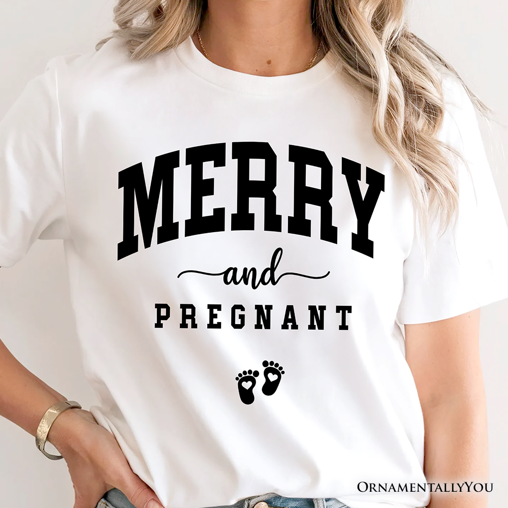 Merry and Pregnant T‑Shirt, Baby Announcement Christmas Tee for New Mom