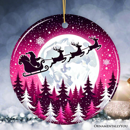 Moonlit Santa Silhouette Pink Themed Ornament, Enchanted Night Sky for Holiday Decor