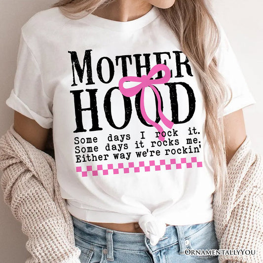 Motherhood Coquette Pink Bow T-Shirt, Retro Checkered White Tee for Sassy and Stylish Moms