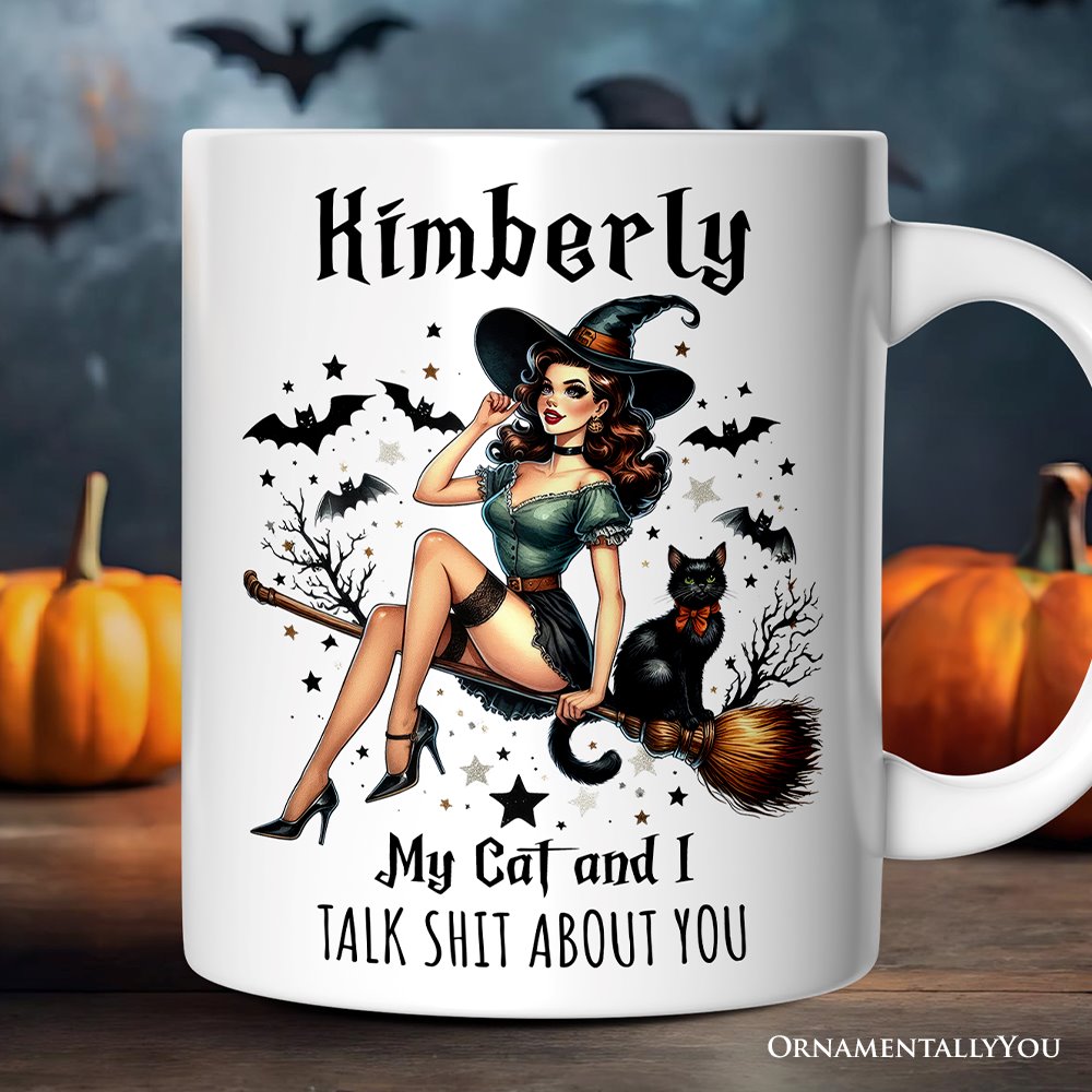 My Cat and I Gossip About You Personalized Halloween Mug, Retro Gift with Custom Name