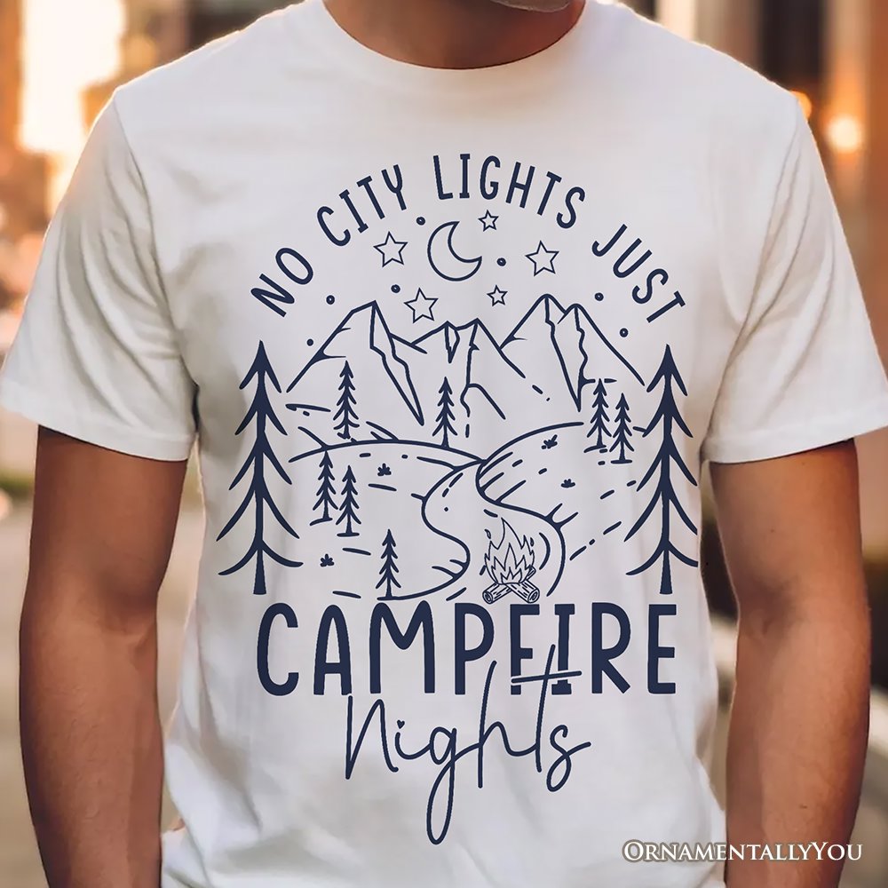 No City Lights Just Campfire Nights T-Shirt, White and Natural Camping Tee for Stargazing Campers