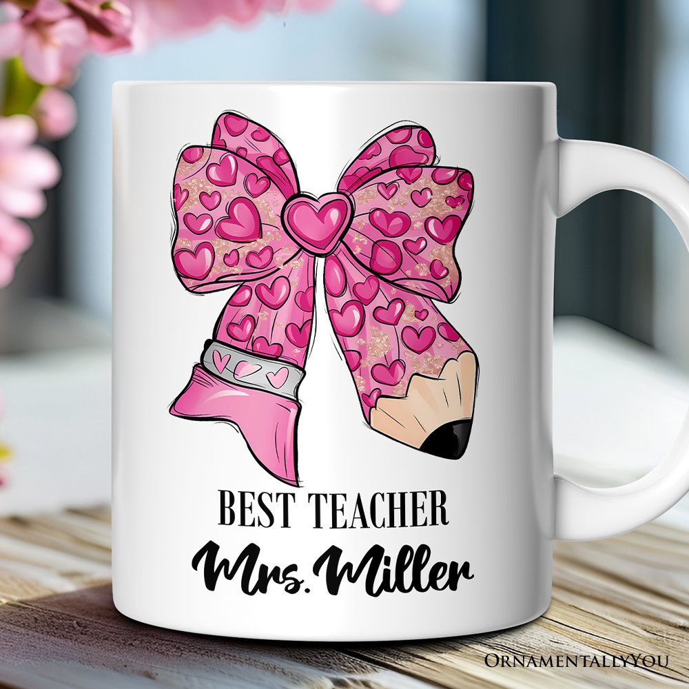 Pencil Coquette Teacher Bow Personalized Mug, Cute Appreciation Present, Back To School Gift With Custom Name