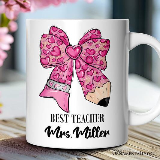 Pencil Coquette Teacher Bow Personalized Mug, Cute Appreciation Present, Back To School Gift With Custom Name