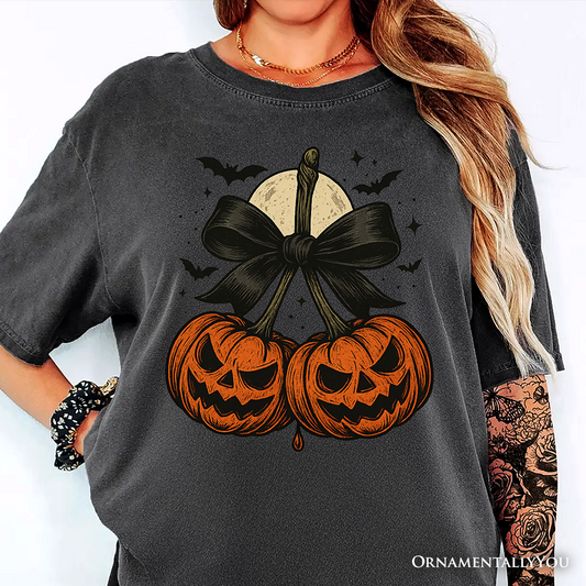 Pumpkin Cherries Coquette Bow T-Shirt, Retro Halloween Fall Season Tee for Sweet Autumn Girls