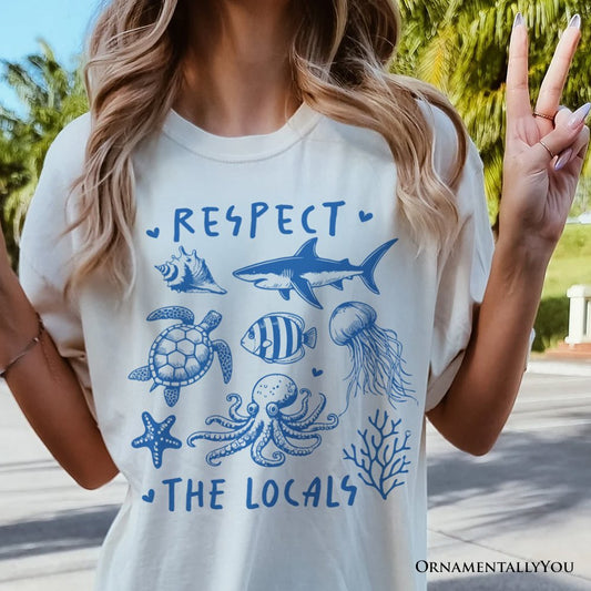 Respect the Locals Ocean Animals T-Shirt, Cute White and Natural Vacation Tee