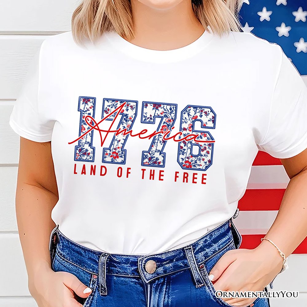 Retro America 1776 Floral T-Shirt, Land of the Free Patriotic Tee
