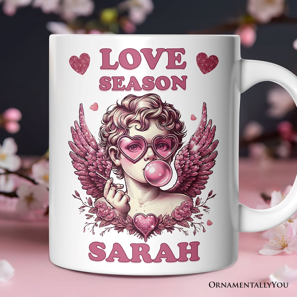 Retro Cupid Valentine Blowing Bubble Personalized Mug, Love Season Vintage Valentine's Day Gift