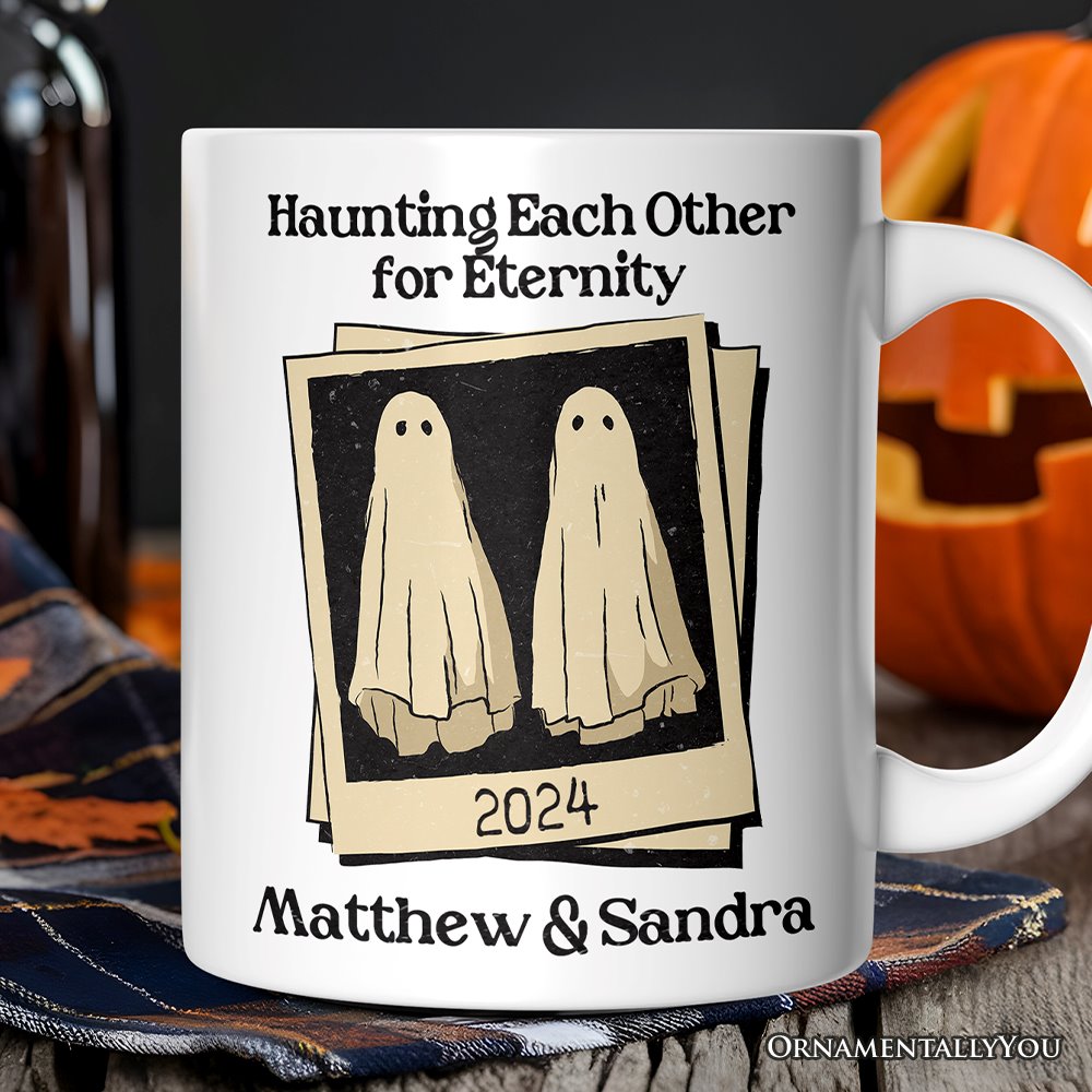 Retro Ghost Picture Haunting Eachother for Eternity, Personalized Mug, Vintage Halloween Gift for Couples