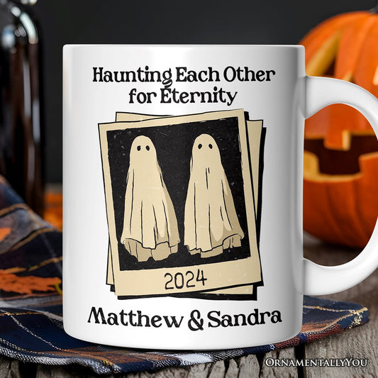 Retro Ghost Picture Haunting Eachother for Eternity, Personalized Mug, Vintage Halloween Gift for Couples