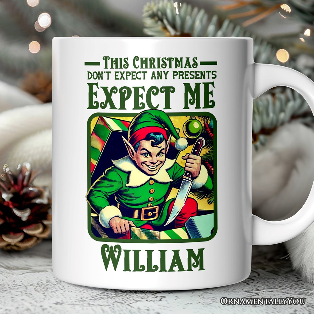 Retro Killer Elf Christmas Personalized Mug, Funny Vintage Gift with Custom Name