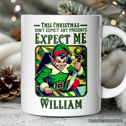 Retro Killer Elf Christmas Personalized Mug, Funny Vintage Gift with Custom Name