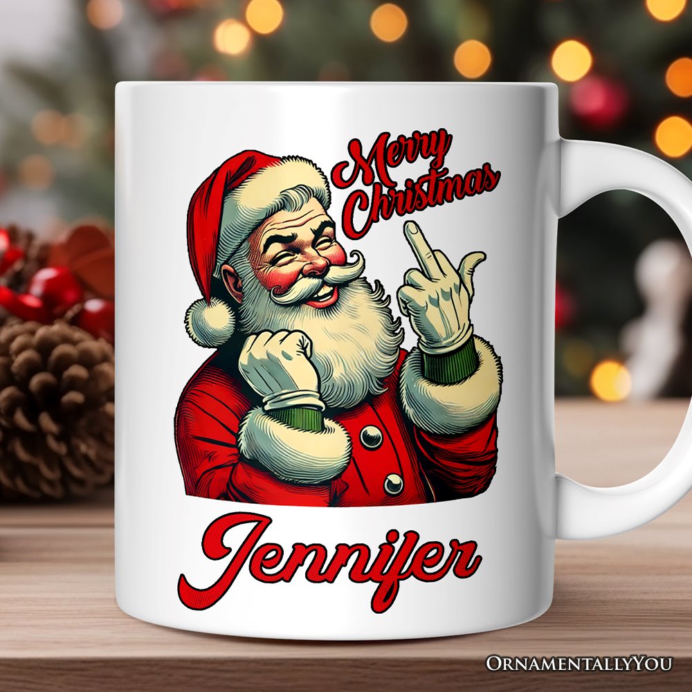 Santa Middle Finger Christmas Personalized Mug, Vintage Humorous Gift with Custom Name