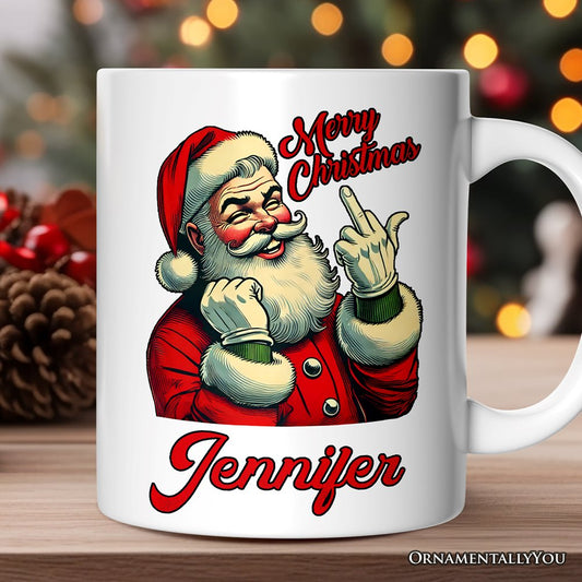 Santa Middle Finger Christmas Personalized Mug, Vintage Humorous Gift with Custom Name