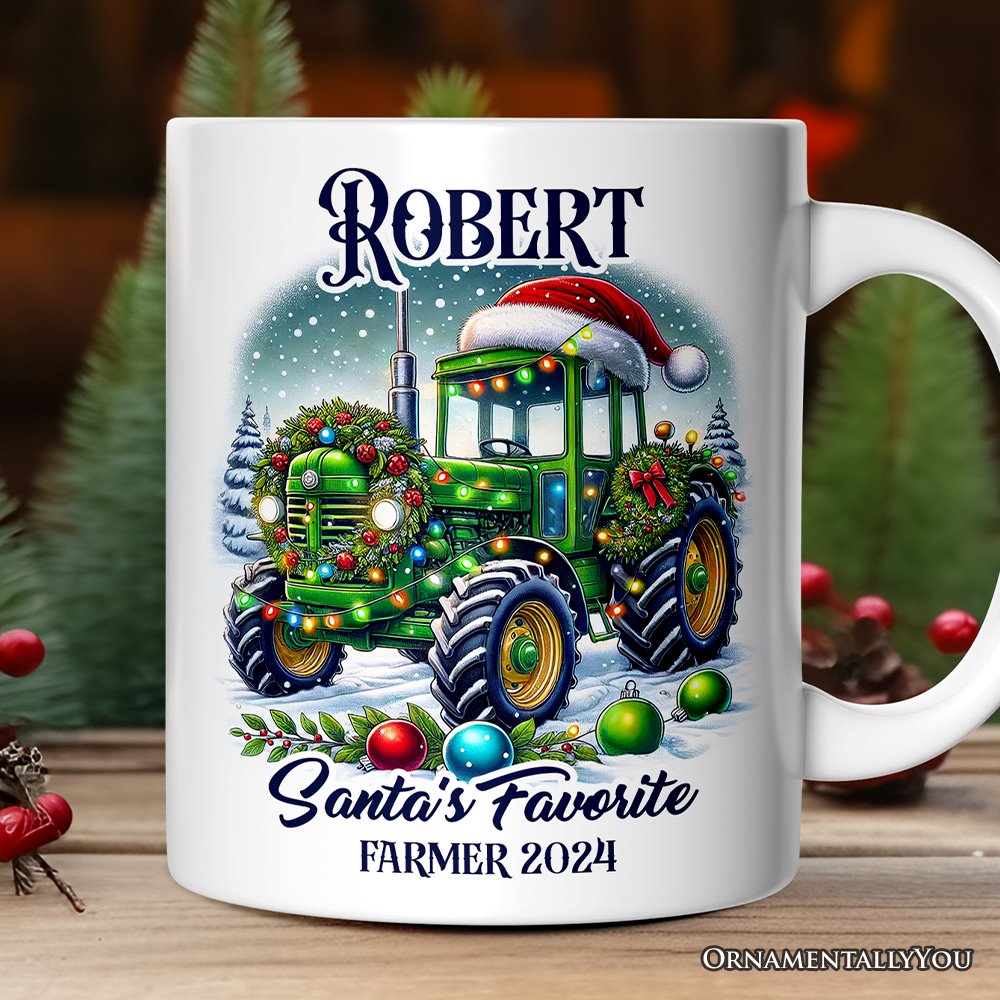 Santa's Favorite Farmer Personalized Mug, Christmas Green Tractor Gift with Custom Name