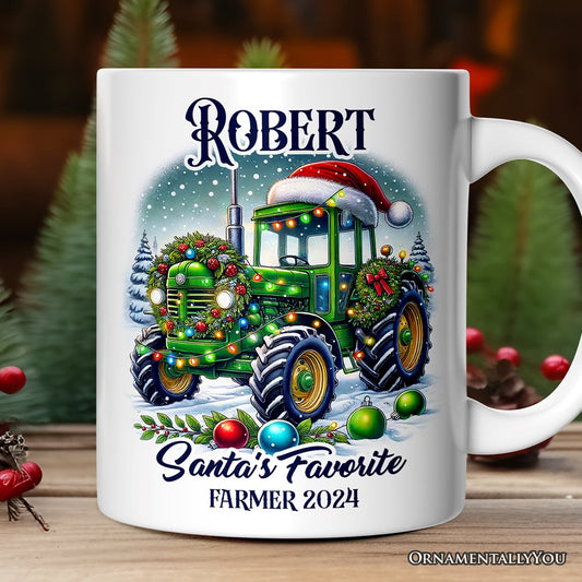 Santa's Favorite Farmer Personalized Mug, Christmas Green Tractor Gift with Custom Name