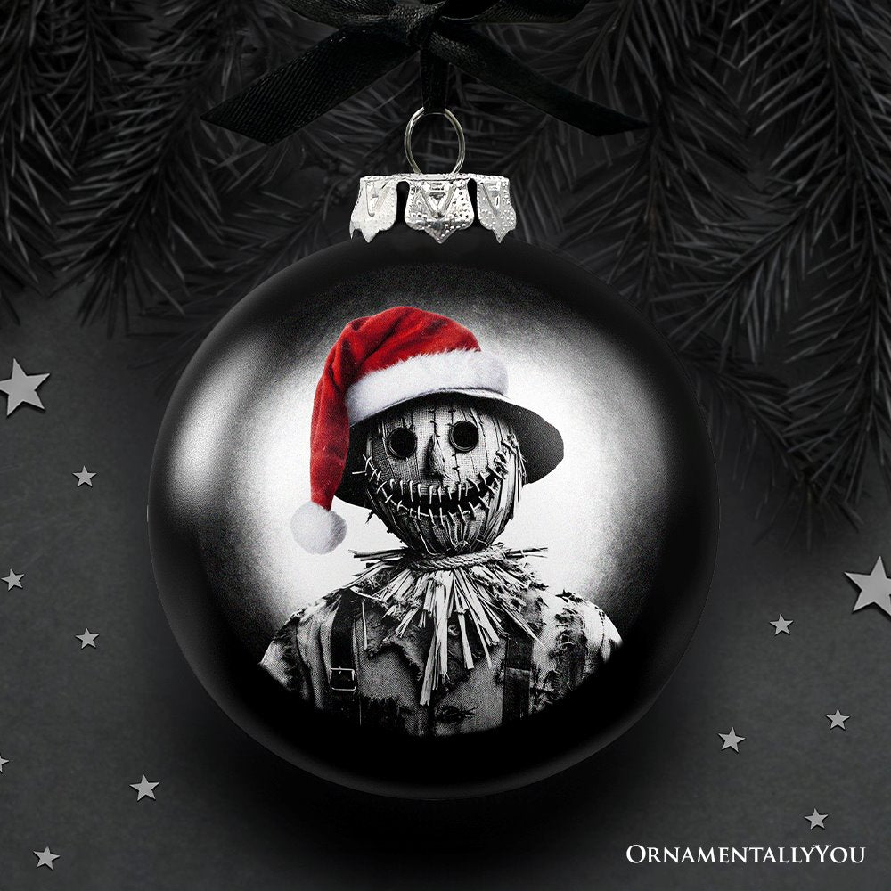 Scarecrow Christmas Spooky Portrait Glass Ornament, Black Horror Halloween Tree Decoration