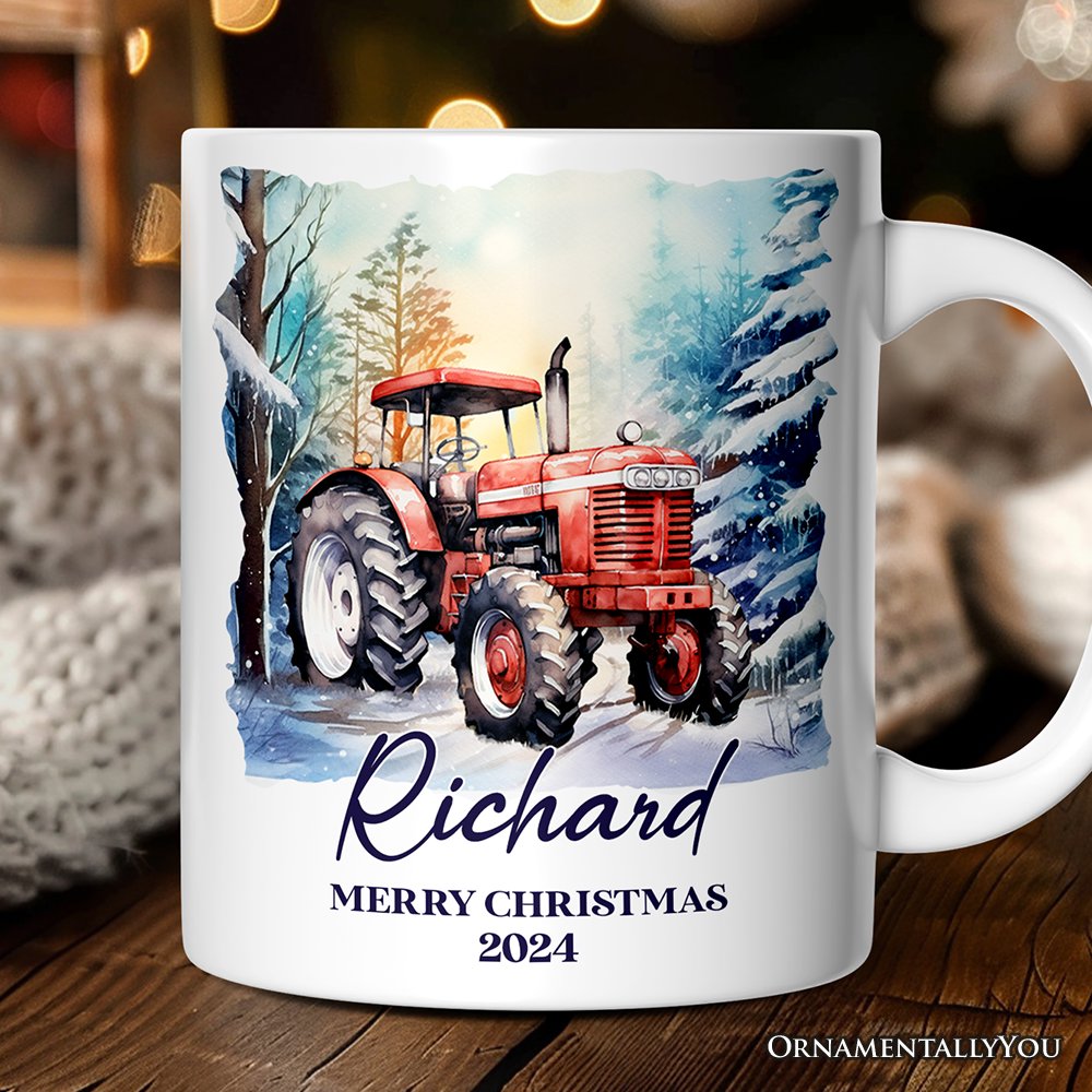 Vintage Tractor Personalized Mug, Pristine Snowy Serenity Christmas Gift With Custom Name and Date