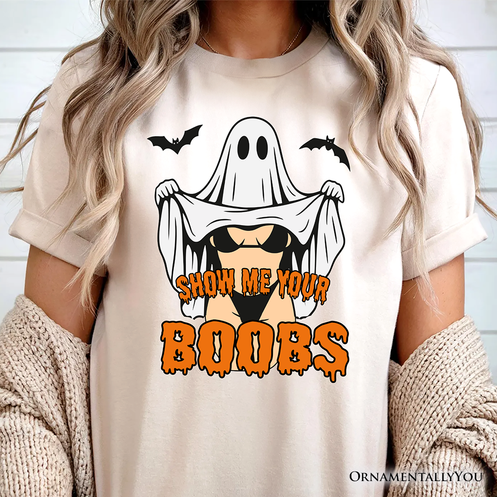 Show Me Your Boobs Halloween T-Shirt, Funny Naughty Pun Ghost Tee for Adults