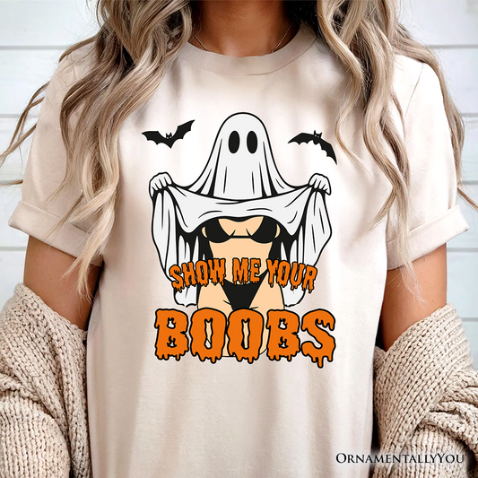 Show Me Your Boobs Halloween T-Shirt, Funny Naughty Pun Ghost Tee for Adults