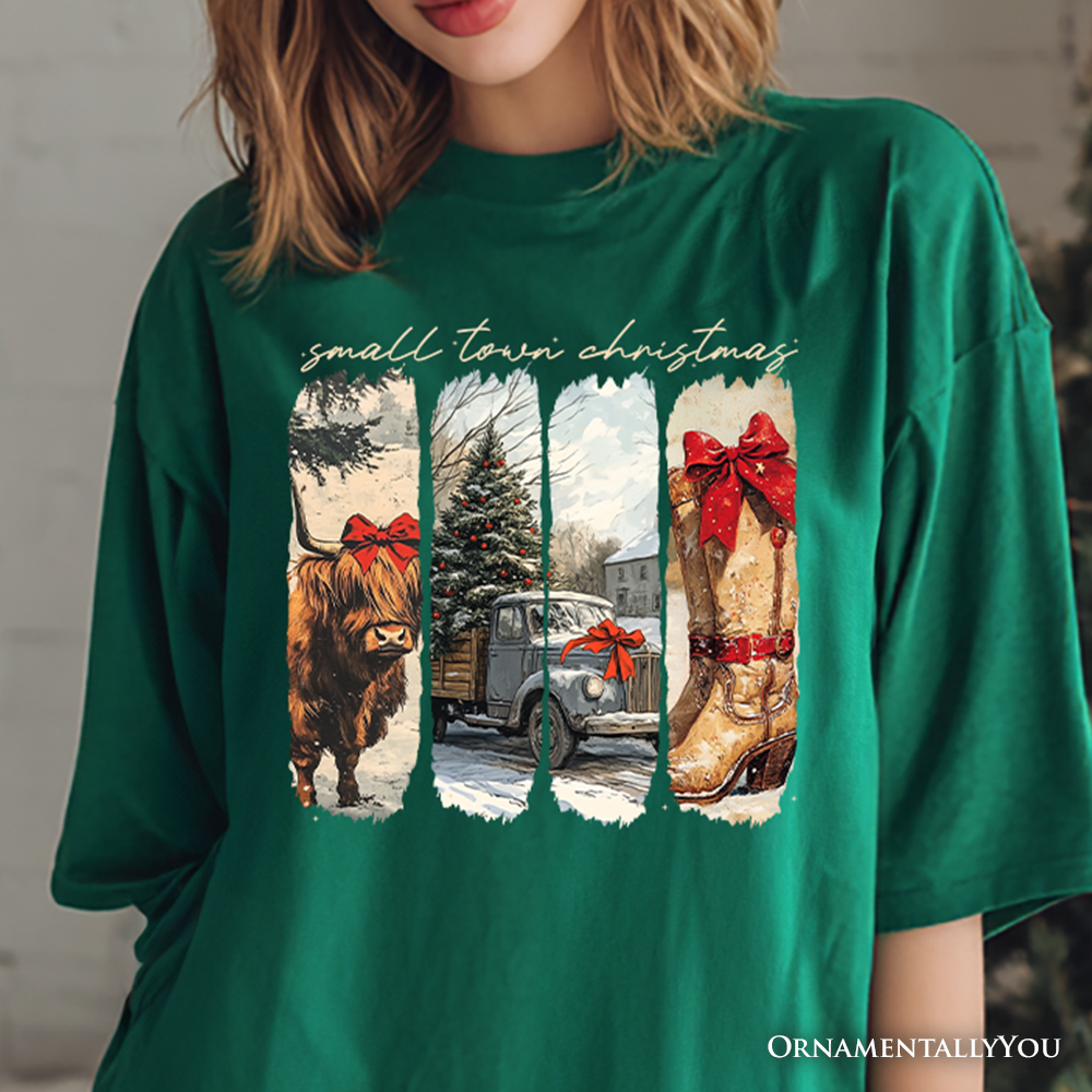 Small Town Christmas T‑Shirt, Highland Cow Rustic Western Cowgirl Holiday Tee