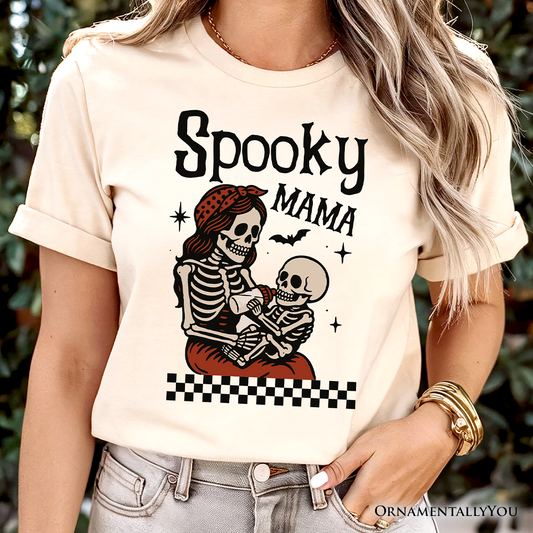 Spooky Mama Skeleton Halloween T-Shirt, Momster Retro Checkered Tee With Boo Vibes