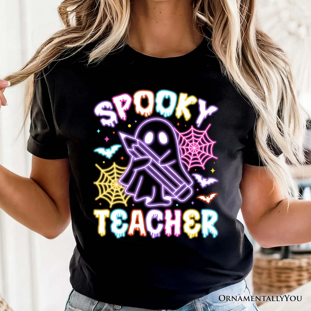 Spooky Teacher Neon Ghost T-Shirt, Retro Halloween Tee for Educators