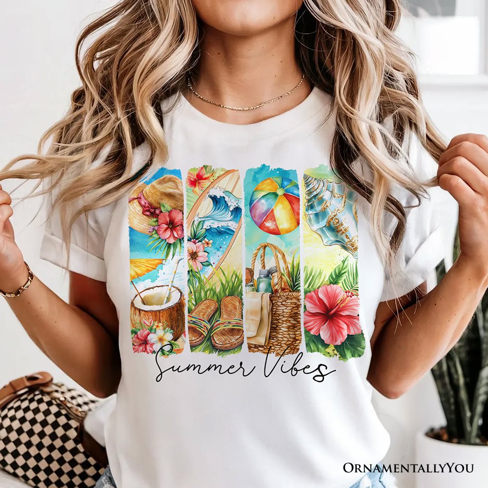 Summer Vibes T-Shirt, White and Natural Beach Tee with Coconut and Flowers