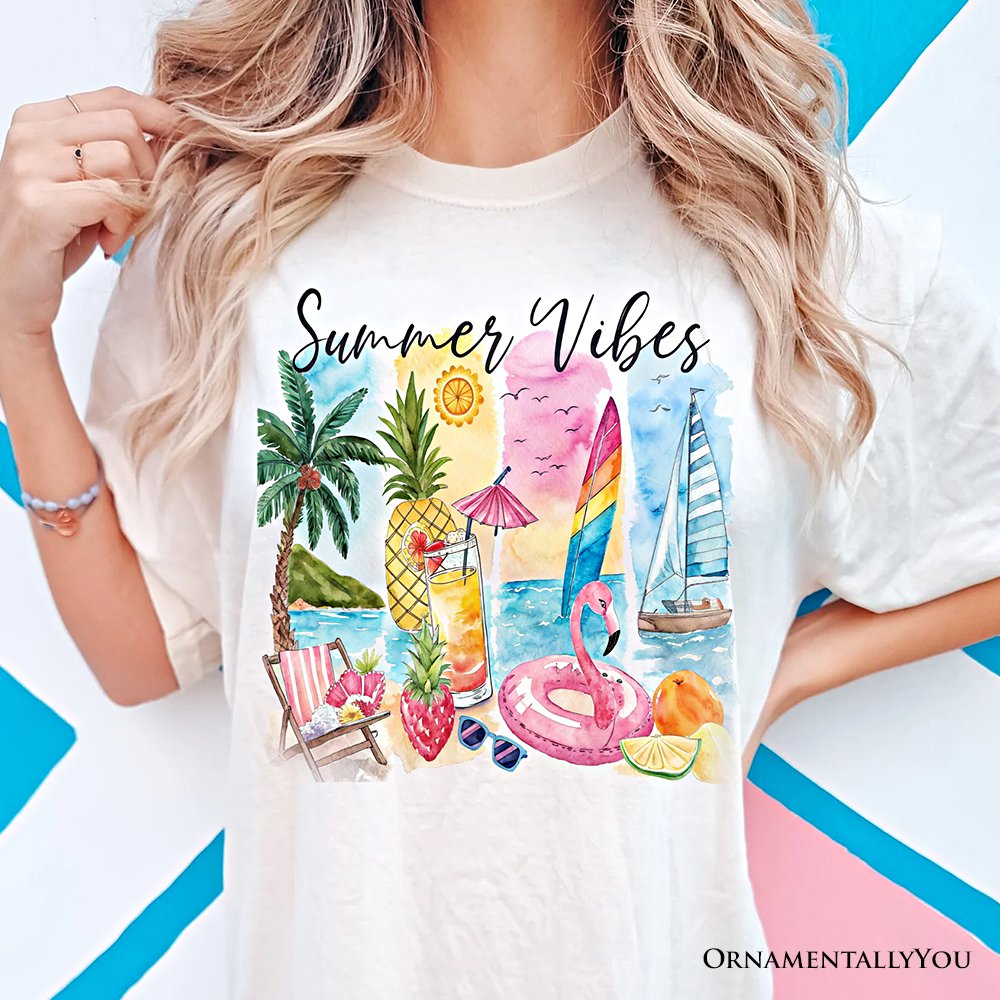 Summer Vibes T-Shirt, White and Natural Vacation Beach Tee