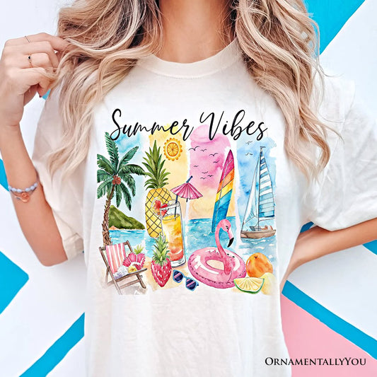 Summer Vibes T-Shirt, White and Natural Vacation Beach Tee