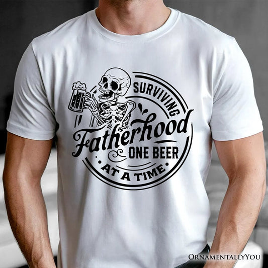 Surviving Fatherhood Skeleton Beer T-Shirt, White Vintage Tee for Tired and Hilarious Dads