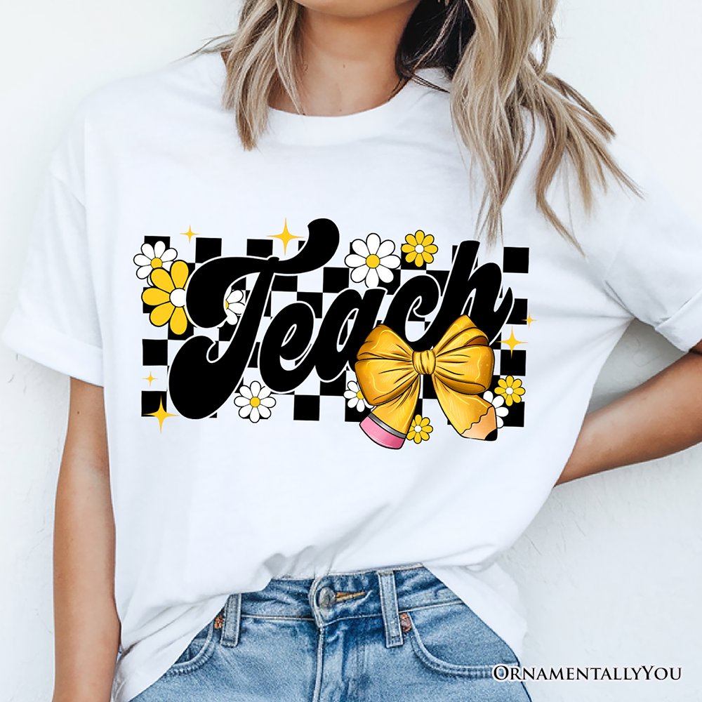 Teach Checkered Coquette Bow T-Shirt, White and Natural Retro Tee for Trendy Teachers