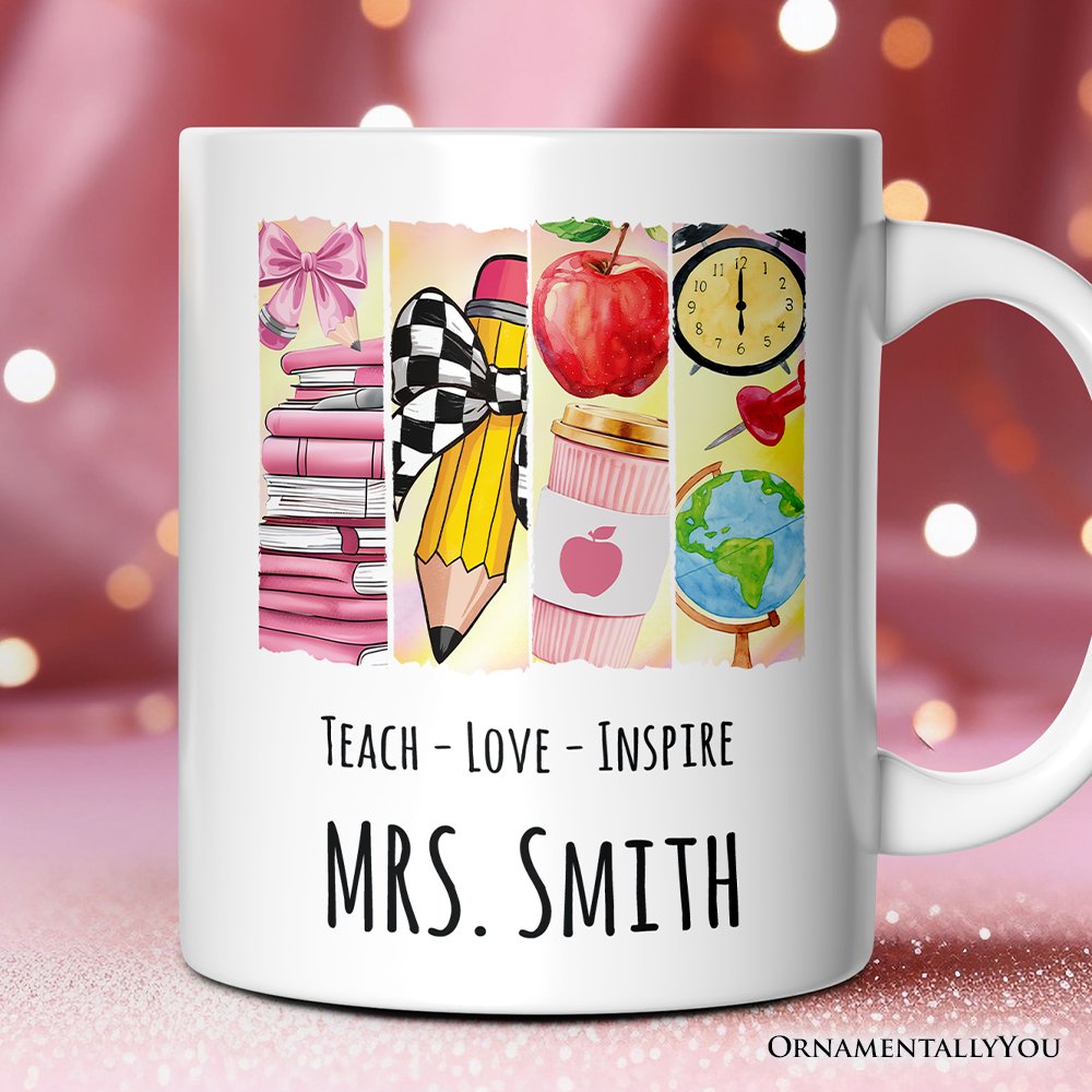 Teach Love Inspire Personalized Mug, Watercolor Teacher Gift with Custom Name