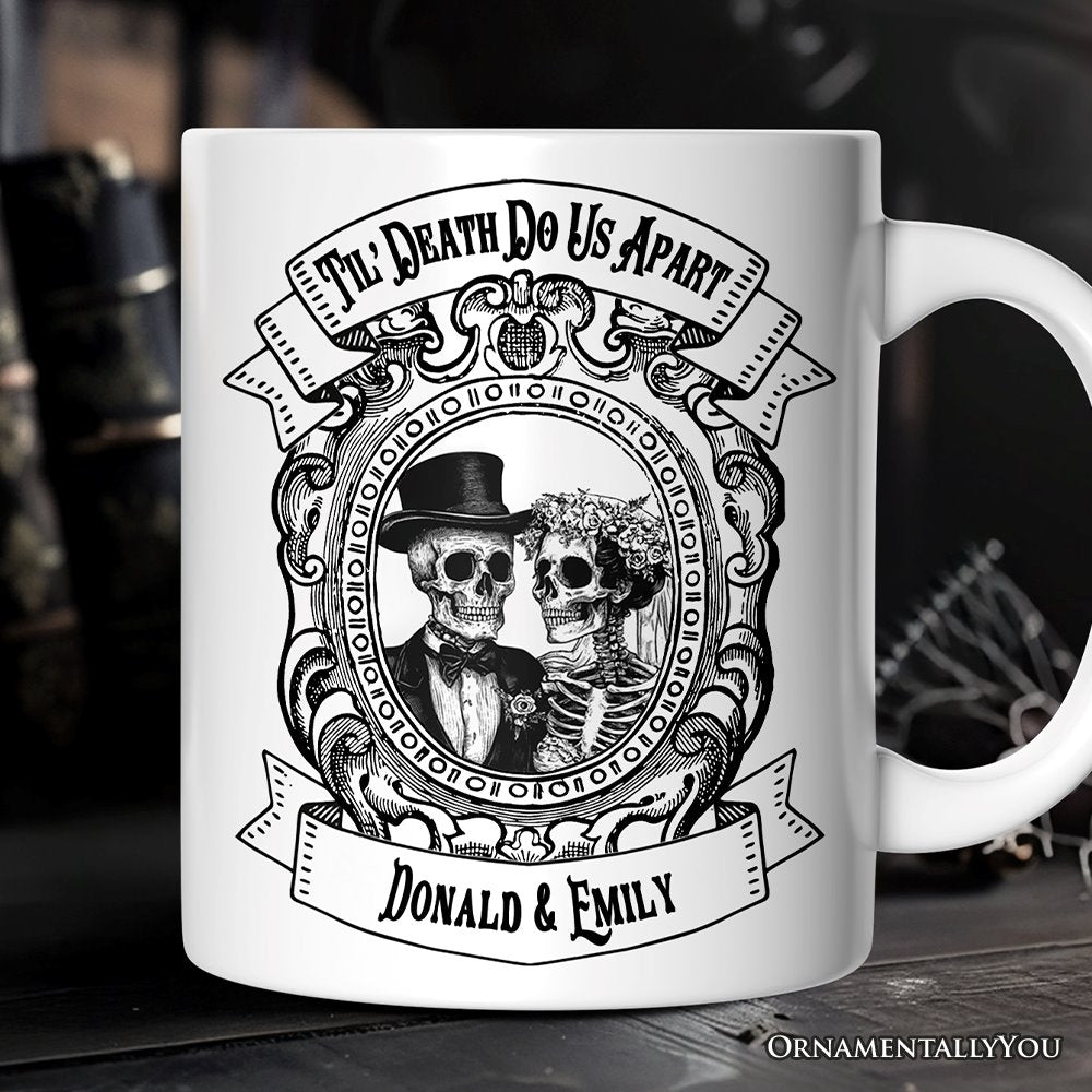 Vintage Skeleton Lovers Til' Death Do us Apart, Personalized Mug, Classic Antique Halloween Gift for Couples