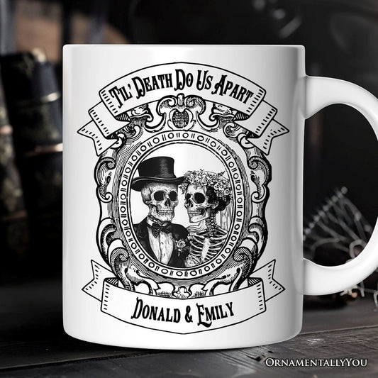 Vintage Skeleton Lovers Til' Death Do us Apart, Personalized Mug, Classic Antique Halloween Gift for Couples