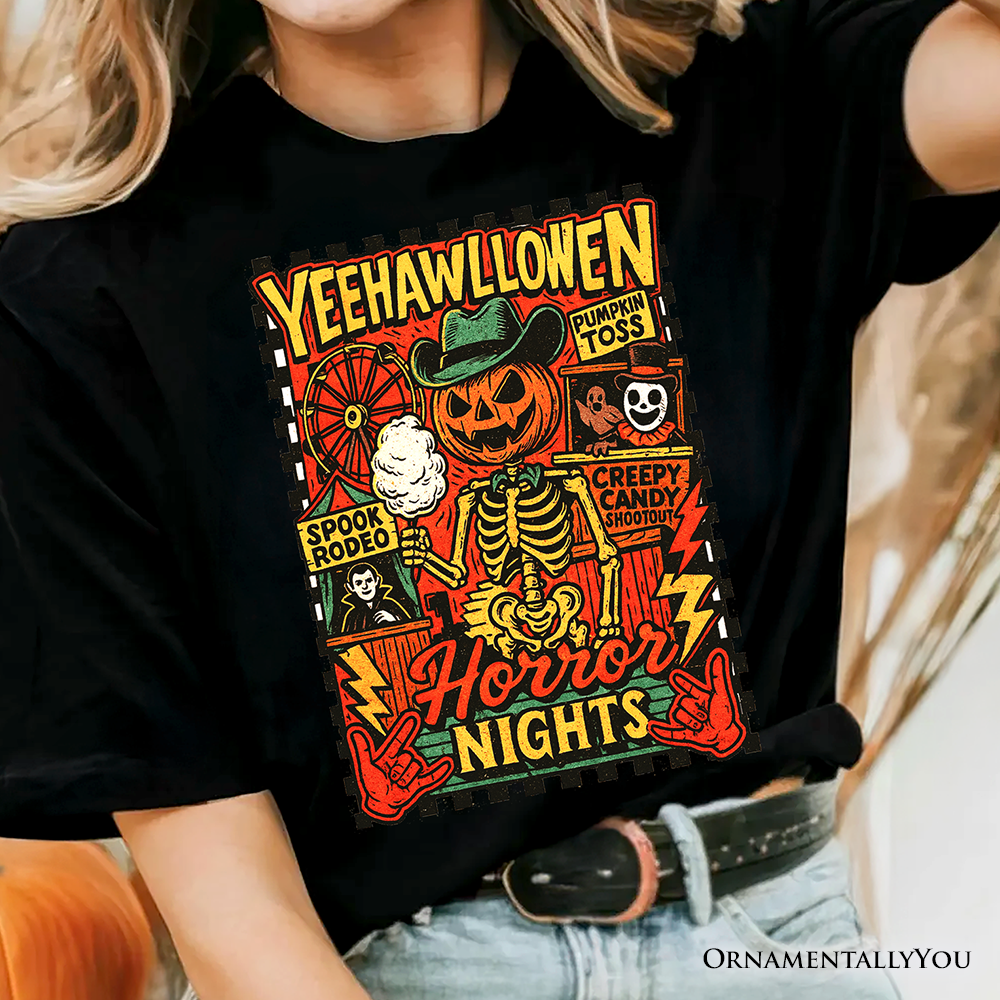 Yee Haw Halloween Retro Pumpkin Skeleton T-Shirt, Spooky Country Western Tee for Fall