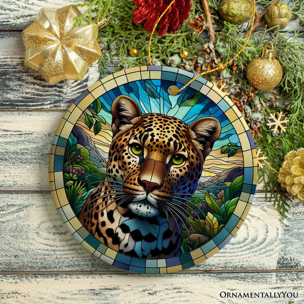 African Leopard Expedition Stained Glass Style Ceramic Ornament, Safari Animals Christmas Gift and Decor