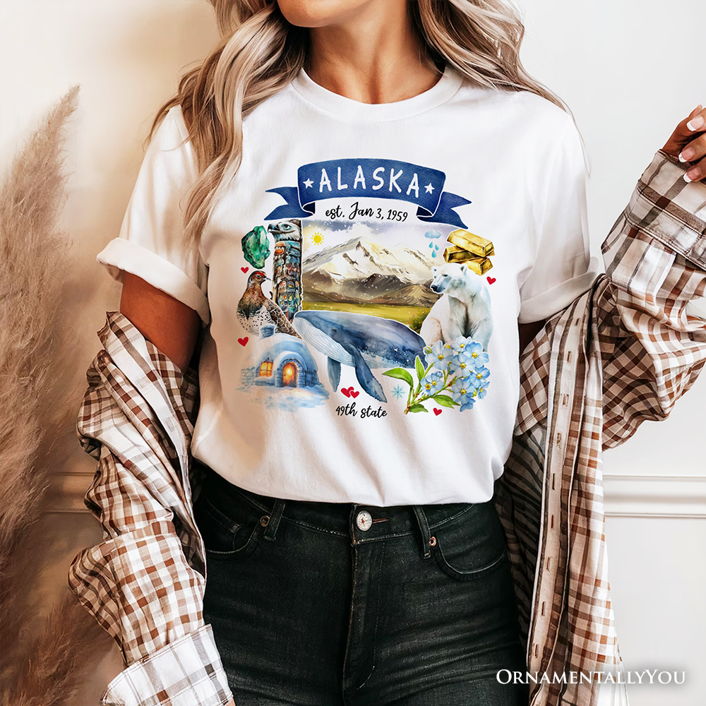 Artistic Alaska State Themes and Landmarks T-Shirt, Tee for History and Travel Lovers