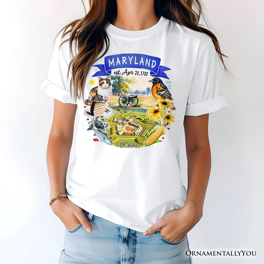 Artistic Maryland State Themes and Landmarks T-Shirt, Tee for History and Travel Lovers