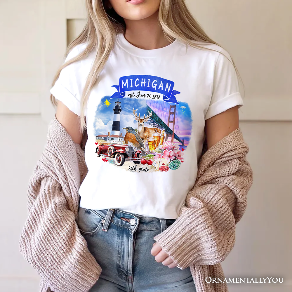 Artistic Michigan State Themes and Landmarks T-Shirt, Tee for History and Travel Lovers