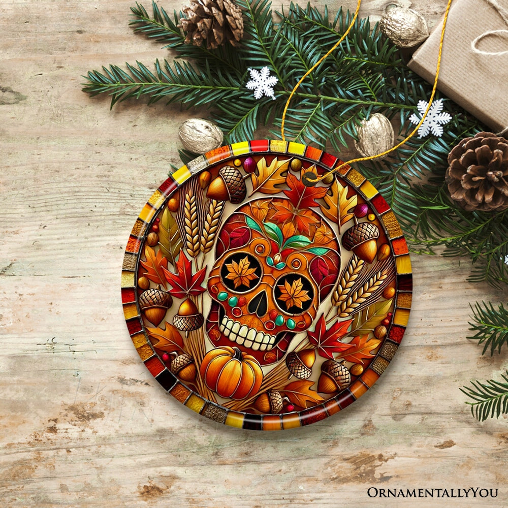 Autumn Harvest Sugar Skull Ornament, Vibrant Fall Foliage Christmas Gift and Decor