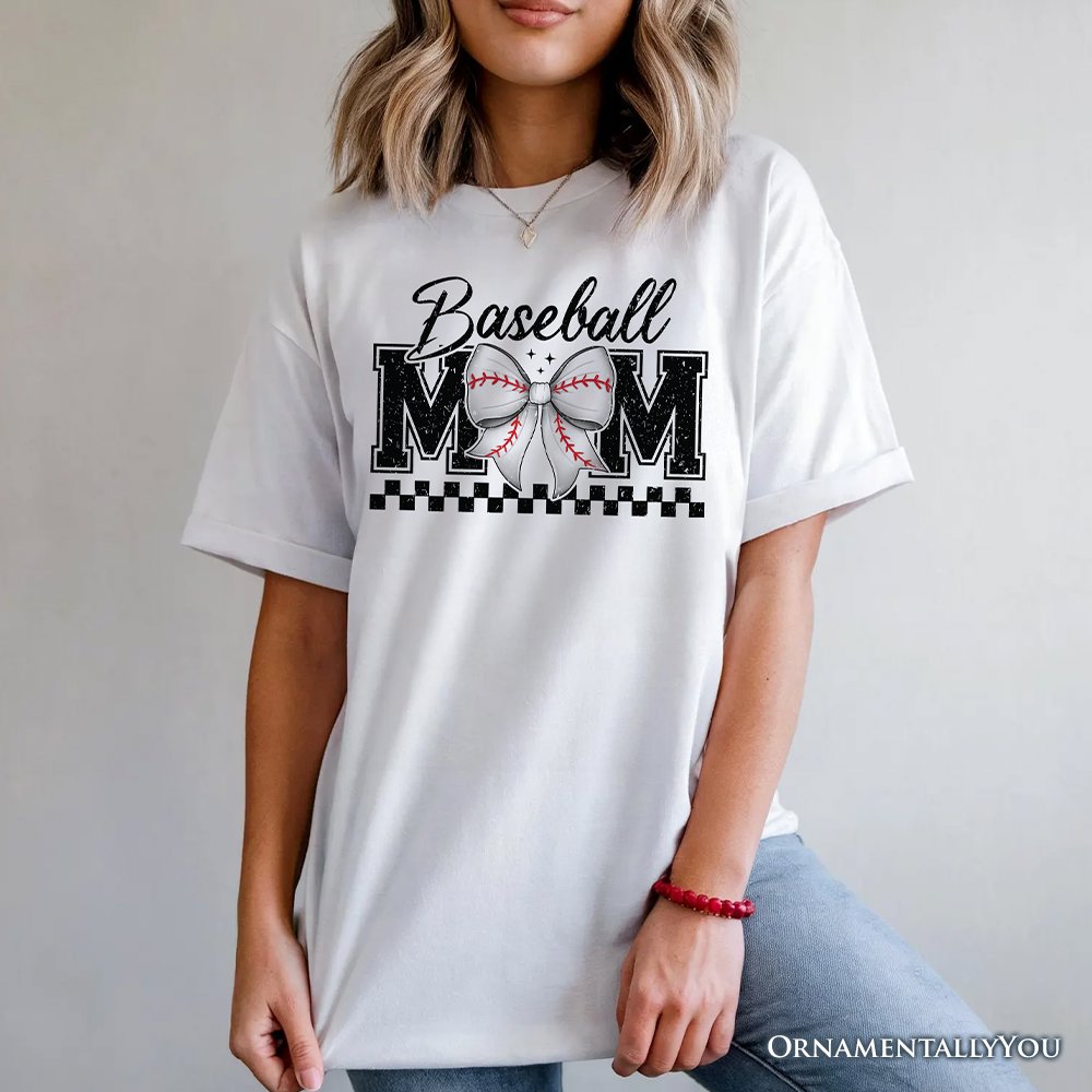 Baseball Mom Coquette Bow Retro T-Shirt, Stylish Game Day White Tee for Trendy and Proud Sports Mothers