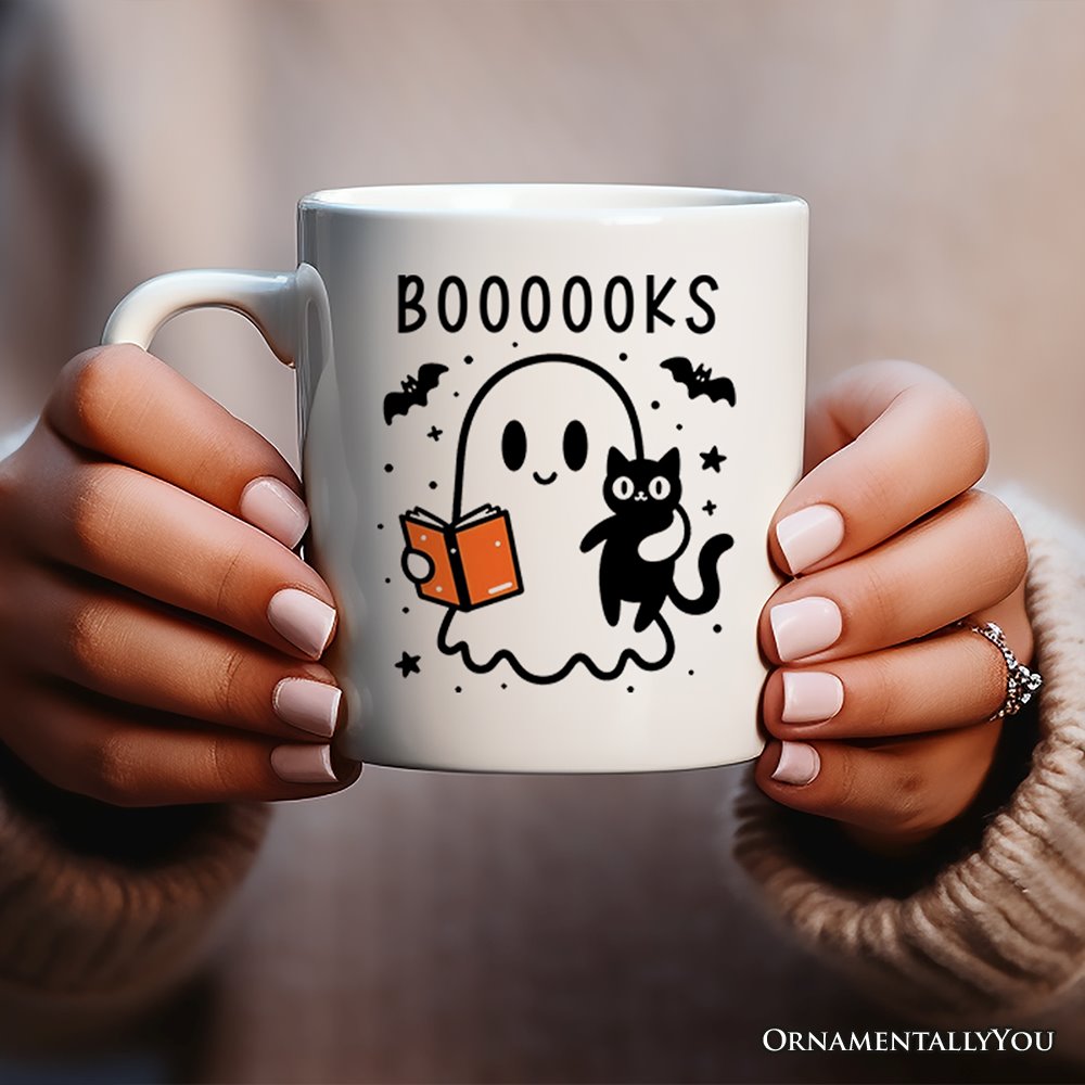 Boooooks and Purrs, Personalized Halloween Mug, Cute Books and Cats Lover Ghost Gift with Custom Name