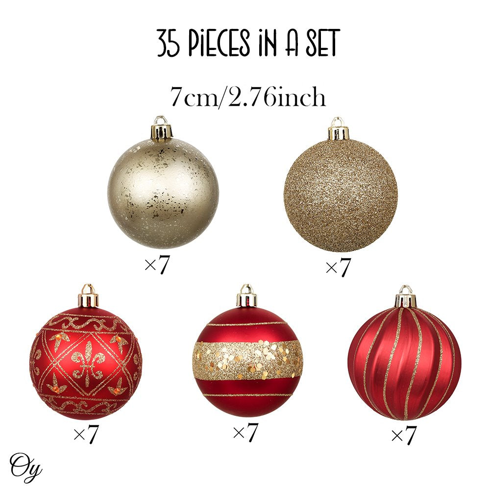 Charming Set of 35 Red and Gold Color Ornament Baubles, Christmas Tree Set